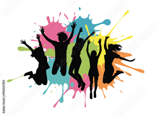 Happy jumping people silhouettes over colorful paint splashes, energetic youth party celebration vector illustration isolated on white background