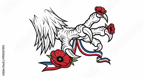 Eagle Talon Gripping Red Poppies and Tricolor Ribbon - Symbol of Remembrance and Patriotism