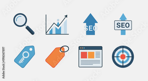 Modern SEO & Digital Marketing Icons Set: Analysis, Growth, Target