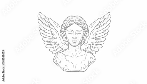 Elegant Angelic Bust with Wings, Line Art Sculpture, Divine Serenity, Classical Art