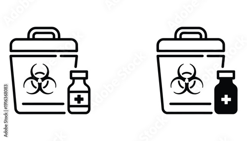 Biomedical waste icon design with white background, medical hazardous waste symbols, biohazard container signs, hospital disposal and safety vector