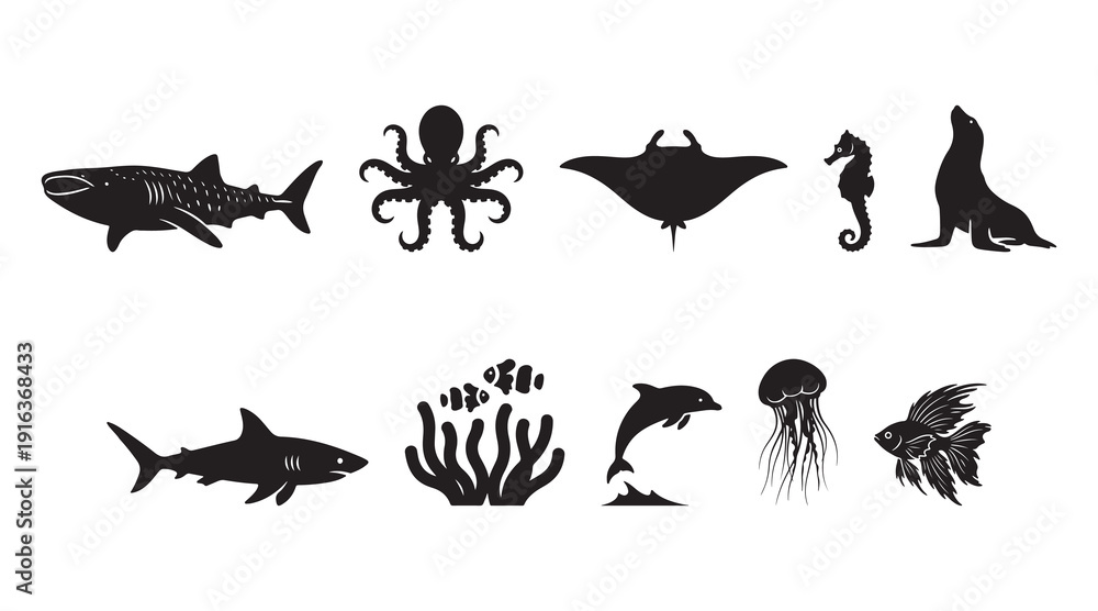 Fototapeta premium Diverse ocean creatures in black silhouette on white background