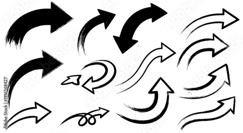 Collection of black arrows on white background, various shapes and styles, isolated vector graphics