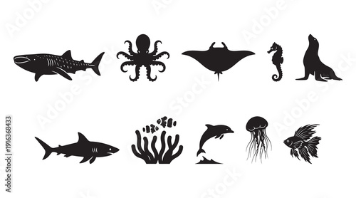 Diverse ocean creatures in black silhouette on white background