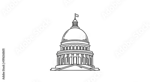 Classic Government Building Dome with Columns and Flag - Line Art Illustration