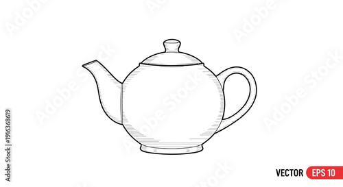Classic Ceramic Teapot Sketch, Vintage Tea Kettle Illustration, Isolated on White Background