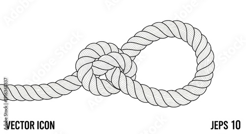 Close-up of a sturdy rope tied in a secure knot, forming a loop, isolated on white background
