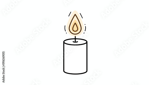 Burning Candle Flame Isolated on White Background, Simple Line Art Illustration