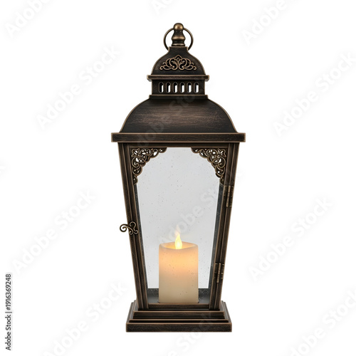 Ornate metal lantern with candle inside on white background viewed from front