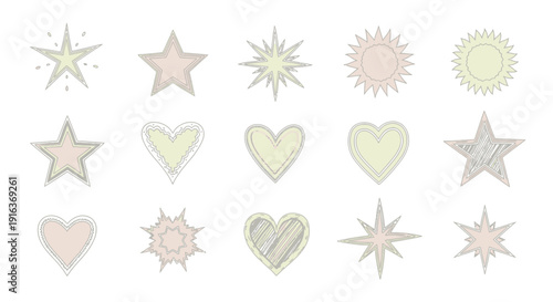 Set of pastel colored star and heart shapes with hand drawn outlines in soft pink, yellow and gray hues, isolated on transparent background