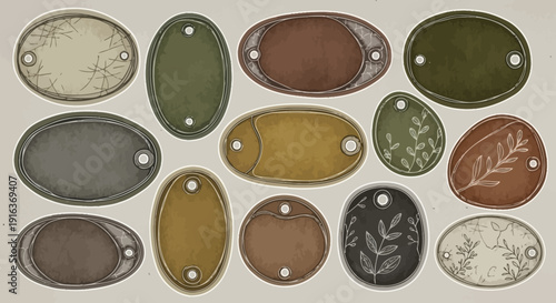 Collection of oval-shaped leather tags in various earthy tones and textures with metal rivets