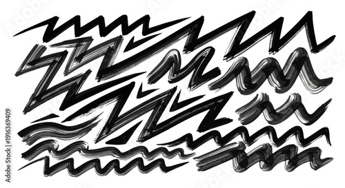 Black and gray abstract zigzag lines vector illustration isolated on transparent background