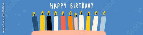 Birthday cake with ten candles and happy birthday text. Illustrated birthday cake with ten lit candles and Happy Birthday message on blue background