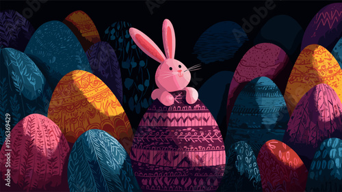 Bunny peeking from behind colorful Easter eggs greeting card. Bunny character hiding among patterned Easter eggs and dark foliage, celebrating the spring holiday