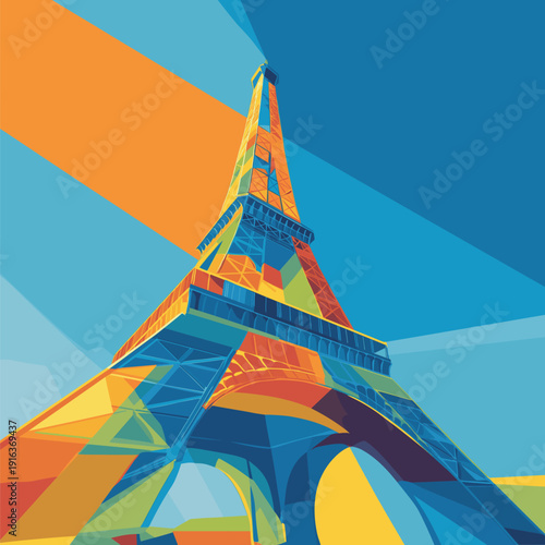 Eiffel Tower geometric abstract vibrant colors illustration. Eiffel Tower appearing in a minimalist geometric flat design illustration with vibrant colors