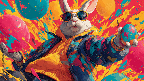Cool Easter bunny wearing sunglasses holding decorated egg. Easter poster. Anthropomorphic bunny wearing colorful jacket, surrounded by paint splatters and festive eggs