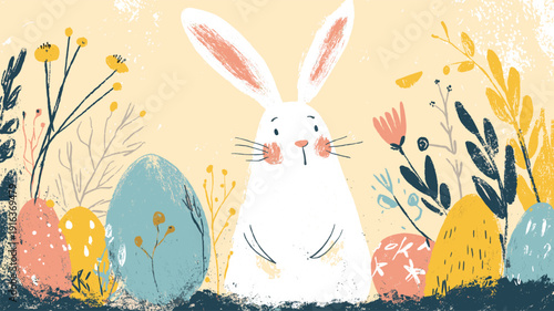 Happy Easter bunny finding colorful eggs in spring field banner. Cute bunny standing among pastel colored Easter eggs and stylized spring plants