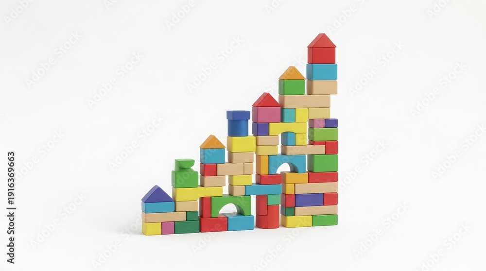 Obraz premium Colorful wooden blocks stacked in a stair-like structure on white background