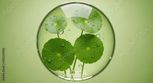 Centella Asiatica Leaves Encapsulated in a Clear Water Sphere, Illustrating Pure Hydrating Botanical Extract for Skincare Formula.