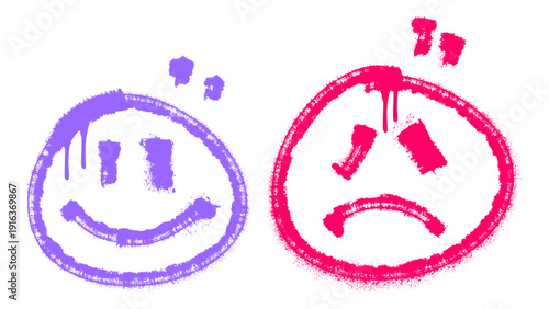 Purple Spray Paint Happy and Sad Faces. Urban Street Art Dual Emotion Icons for Expressive Design.