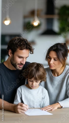 Happy young family sitting together at a modern kitchen table, helping their child with homework and enjoying quality time. Parents support their son in a cozy, stylish home environment
