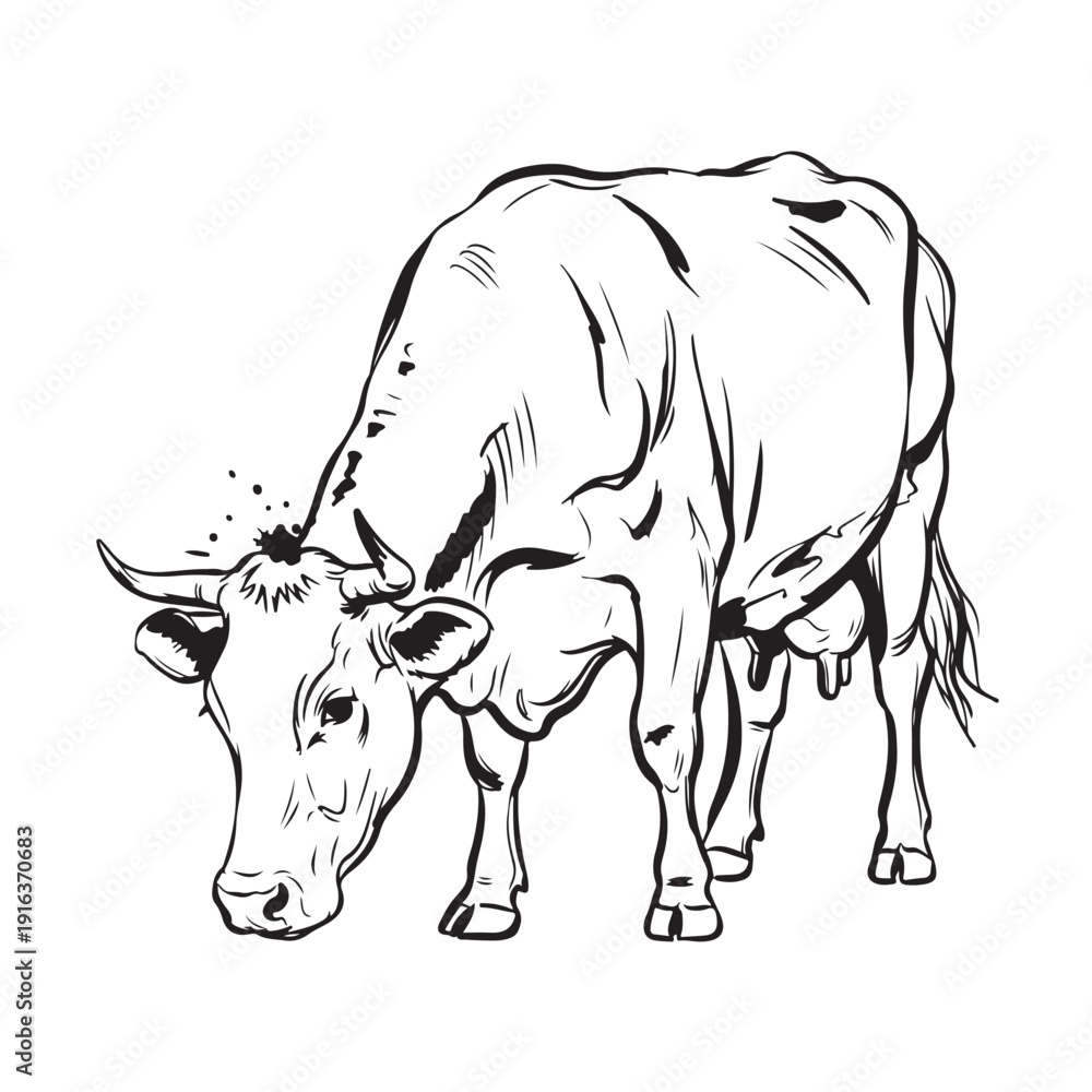 Fototapeta premium Cow and Calf Grazing Together Hand Drawn Sketch Vector Illustration – Realistic Mother Cow with Baby Calf for Farm Print, Nature Art, and Design