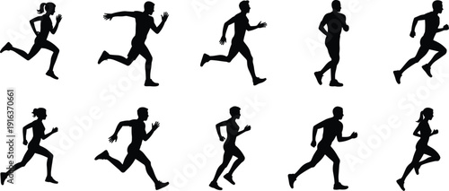 Running people silhouettes set, men and women jogging sprinting athletes vector collection isolated on white background