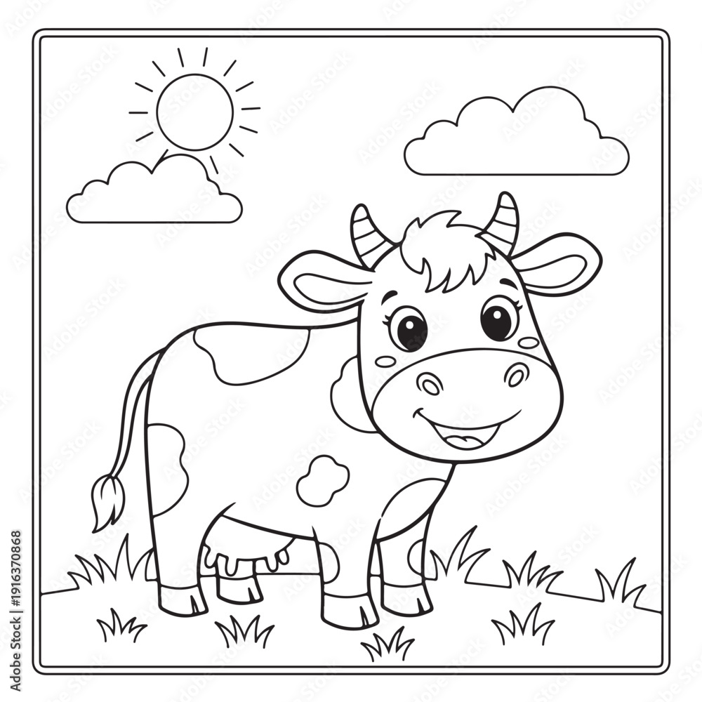 Obraz premium Cute Cartoon Cow Coloring Page Vector Illustration – Happy Farm Animal with Sun, Clouds, and Flowers for Kids Activity Book and Education Print