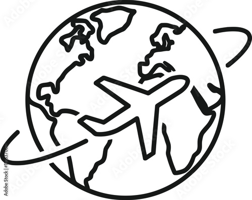 Black and white line drawing of airplane flying around the globe