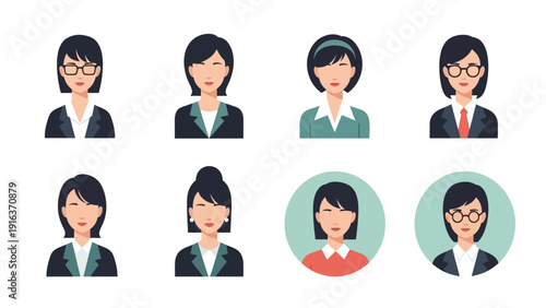 Eight cartoon head illustrations of women and men in shirt, jackets, glasses and black hair, rows on a white backdrop.
