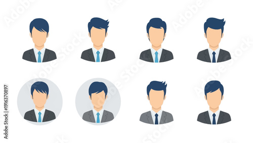 Grid of eight identical cartoon businessman head shoulders illustrations with gray circles variation on white background