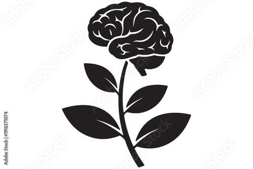 Plant stem with leaves and a human brain as a flower silhouette representing mental growth