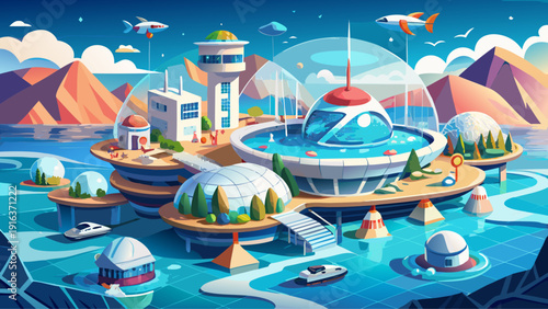 Very beautiful floating ocean research city powered by tidal energy, designed with circular modular habitats and transparent biodomes, representing resilient climate-adaptive architecture for the year