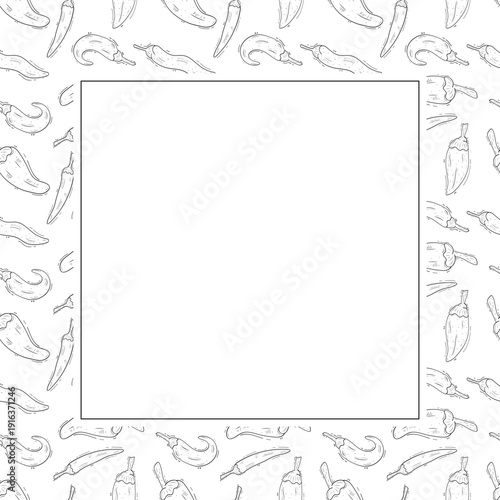 Hand drawn chili pepper square frame, hot chili frame vintage background