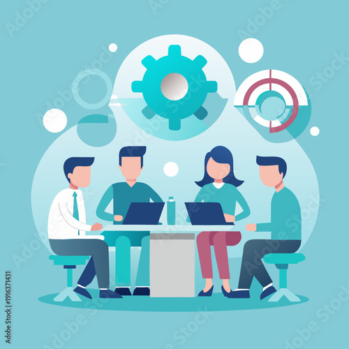 Minimal Business Meeting – Upper Body Team with Gear Background Vector