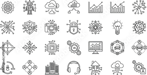 Artificial intelligence and digital technology line icons set featuring smart city, cloud computing, robotic automation, neural networks and machine learning data symbols.