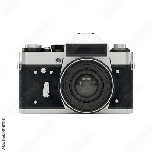 Vintage camera front view with lens and buttons on a plain background