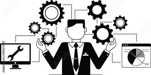 Business manager or technical expert managing automated systems and workflows with gear wheels, data analytics and computer repair service black vector illustration.