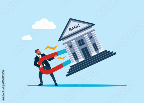 Businessman holding big horseshoe magnet attracting bank. 