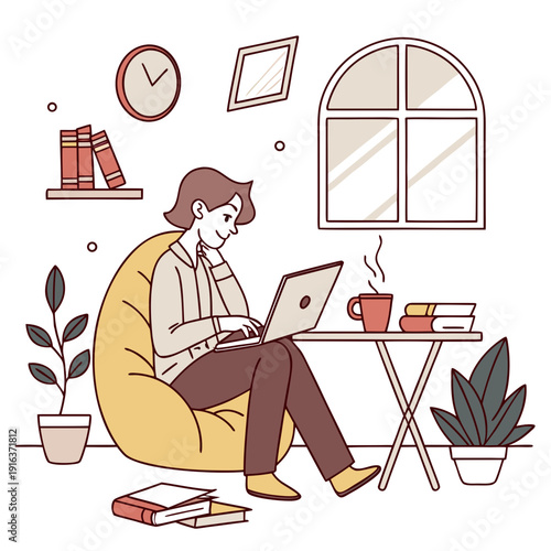 A woman sits on a yellow beanbag chair working on her laptop