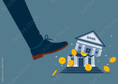 Find money. Businessman kicking hard the pink bank. Ruined bank. Flat vector illustration.
