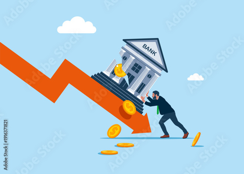 Ruined bank. Money capital is falling. Global crisis.  Flat modern vector illustration.