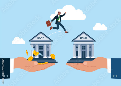 Running away from a destroyed bank. Financial crisis. Change job. Modern vector illustration in flat style
