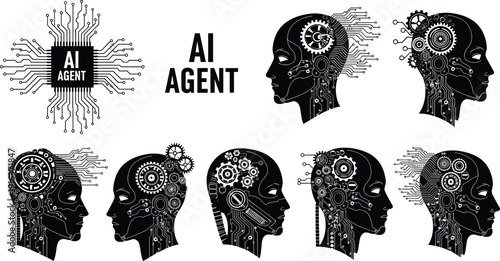 Artificial intelligence agent silhouettes set with robotic cyborg heads, microchip circuits, gear wheels and digital neural network symbols, black vector illustration.