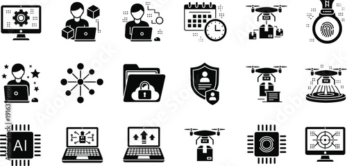 Digital automation and artificial intelligence technology icons set featuring drone delivery, cloud security, biometric authentication, machine learning and smart computing symbols.