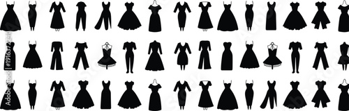 Women dress silhouettes set, elegant fashion outfit collection, evening gown and jumpsuit vector icons isolated on white background