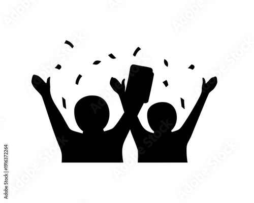 Silhouettes celebrating success holding trophy, confetti. Vector