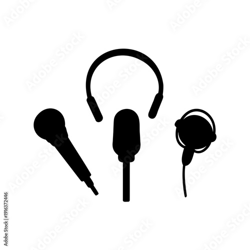 Audio recording and listening equipment silhouettes Vector