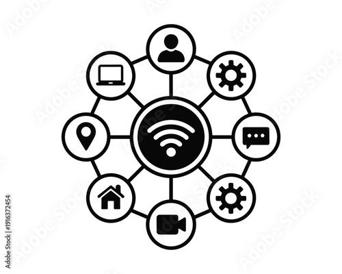 Circular diagram illustrating interconnected digital technology icons and symbols representing smart home and network concepts