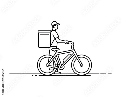 Delivery person with a large insulated bag riding a bicycle on transparent background